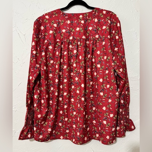 Ellos Women's Cottagecore Floral Notch-Neck Smocked Sleeve Cuff Red Blouse Sz 24 - Picture 5 of 10